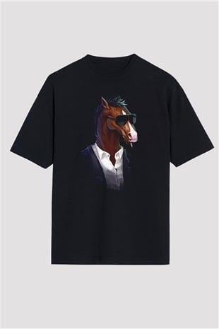 Bojack Horseman Baskılı Unisex Siyah Oversize Tişört - Tshirt