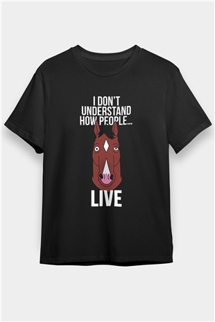 Bojack Horseman Baskılı Unisex Siyah Tişört - Tshirt