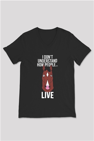 Bojack Horseman Baskılı Unisex Siyah V Yaka Tişört - Tshirt