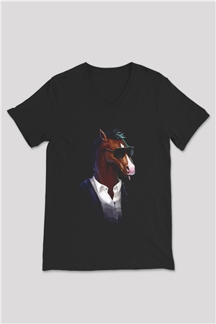 Bojack Horseman Baskılı Unisex Siyah V Yaka Tişört - Tshirt