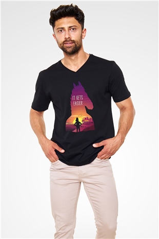 Bojack Horseman Baskılı Unisex Siyah V Yaka Tişört - Tshirt