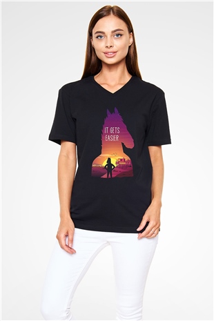 Bojack Horseman Baskılı Unisex Siyah V Yaka Tişört - Tshirt