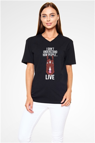 Bojack Horseman Baskılı Unisex Siyah V Yaka Tişört - Tshirt