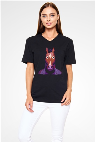 Bojack Horseman Baskılı Unisex Siyah V Yaka Tişört - Tshirt