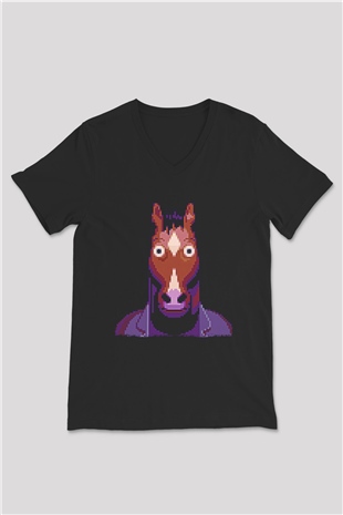 Bojack Horseman Baskılı Unisex Siyah V Yaka Tişört - Tshirt
