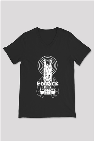 Bojack Horseman Baskılı Unisex Siyah V Yaka Tişört - Tshirt