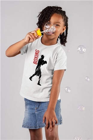 Boks Baskılı Beyaz Unisex Çocuk Tişört