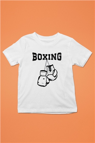 Boks Baskılı Beyaz Unisex Çocuk Tişört