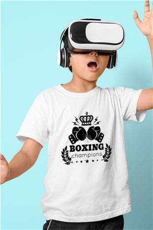 Boks Baskılı Beyaz Unisex Çocuk Tişört