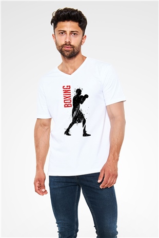 Boks Beyaz Unisex V Yaka Tişört T-Shirt