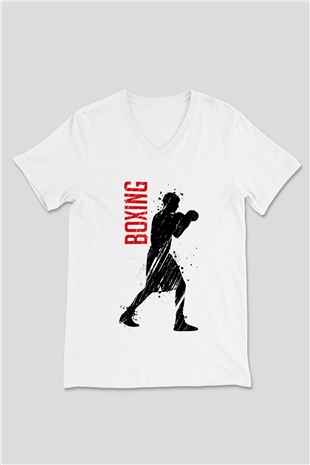 Boks Beyaz Unisex V Yaka Tişört T-Shirt
