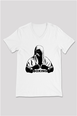 Boks Beyaz Unisex V Yaka Tişört T-Shirt