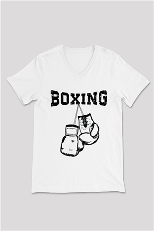 Boks Beyaz Unisex V Yaka Tişört T-Shirt