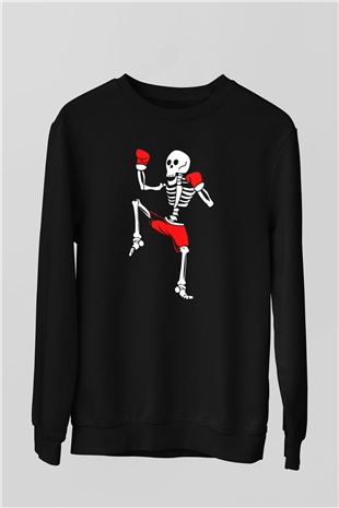 Boksçu İskelet Baskılı Unisex Siyah  Sweatshirt