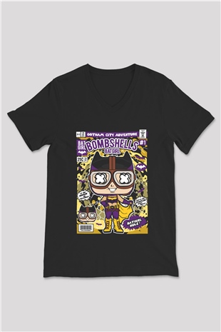 Bombshells Baskılı Unisex Siyah V Yaka Tişört