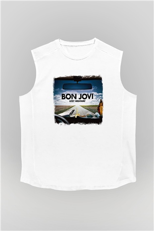 Bon Jovi Baskılı Unisex Beyaz Kolsuz Tişört