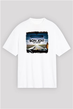 Bon Jovi Baskılı Unisex Beyaz Oversize Tişört