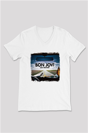 Bon Jovi Baskılı Unisex Beyaz V Yaka Tişört