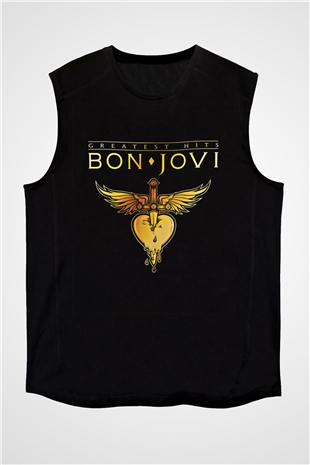 Bon Jovi Baskılı Unisex Siyah Kolsuz Tişört