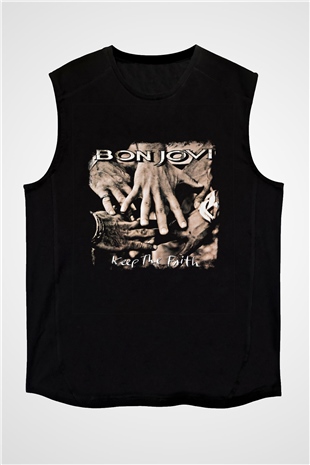 Bon Jovi Baskılı Unisex Siyah Kolsuz Tişört