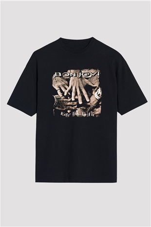 Bon Jovi Baskılı Unisex Siyah Oversize Tişört
