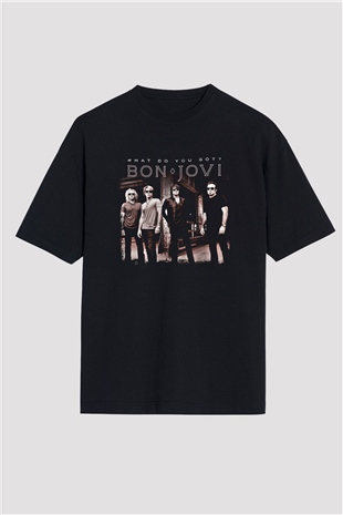 Bon Jovi Baskılı Unisex Siyah Oversize Tişört