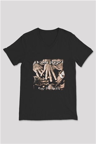 Bon Jovi Baskılı Unisex Siyah V Yaka Tişört