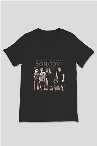 Bon Jovi Baskılı Unisex Siyah V Yaka Tişört