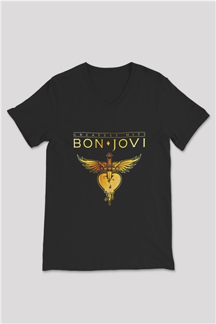 Bon Jovi Baskılı Unisex Siyah V Yaka Tişört