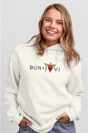 Bon Jovi Beyaz Unisex Kapşonlu Sweatshirt