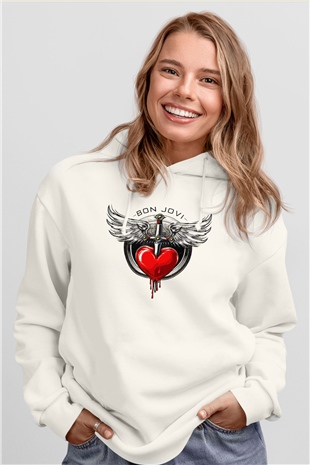 Bon Jovi Beyaz Unisex Kapüşonlu Sweatshirt