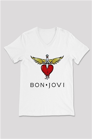 Bon Jovi Beyaz Unisex V Yaka Tişört