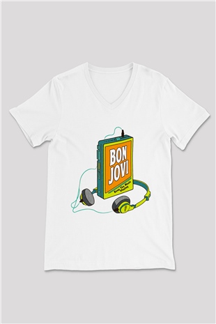 Bon Jovi Beyaz Unisex V Yaka Tişört