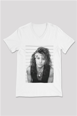 Bon Jovi Beyaz Unisex V Yaka Tişört T-Shirt