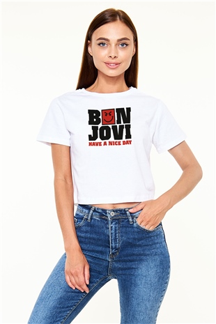 Bon Jovi Have A Nice Day Beyaz  Crop Top Tişört