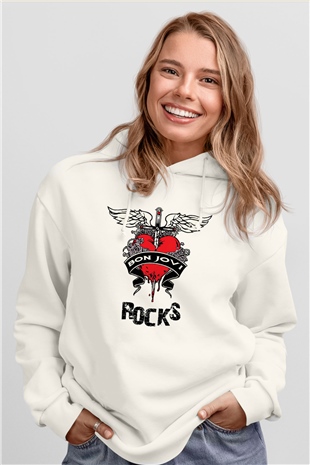 Bon Jovi Rocks Beyaz Unisex Kapüşonlu Sweatshirt
