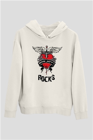 Bon Jovi Rocks Beyaz Unisex Kapüşonlu Sweatshirt