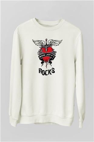 Bon Jovi Rocks Beyaz Unisex Sweatshirt