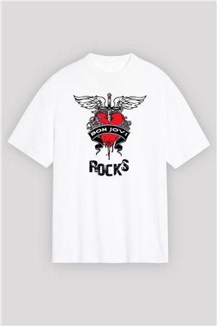 Bon Jovi Rocks Beyaz Oversize Tişört Oversize T-shirt - TişörtFabrikası
