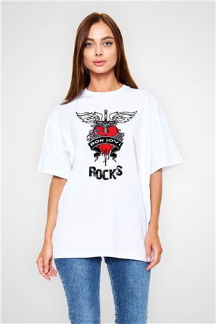 Bon Jovi Rocks Beyaz Oversize Tişört Oversize T-shirt - TişörtFabrikası