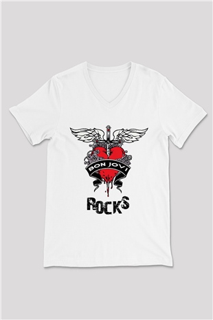 Bon Jovi Rocks Beyaz Unisex V Yaka Tişört