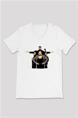 Boney M Baskılı Beyaz Unisex V Yaka Tişört - Tshirt