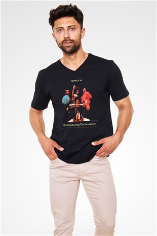 Boney M Baskılı Unisex Siyah V Yaka Tişört - Tshirt
