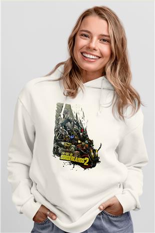 Borderlands Baskılı Beyaz Unisex Kapüşonlu Sweatshirt