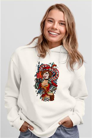 Borderlands Baskılı Beyaz Unisex Kapüşonlu Sweatshirt