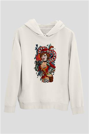 Borderlands Baskılı Beyaz Unisex Kapüşonlu Sweatshirt