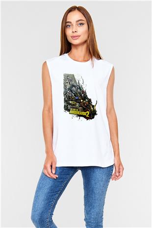 Borderlands Baskılı Beyaz Unisex Kolsuz Tişört - Tshirt