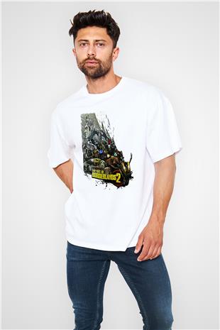 Borderlands Baskılı Beyaz Unisex Oversize Tişört - Tshirt