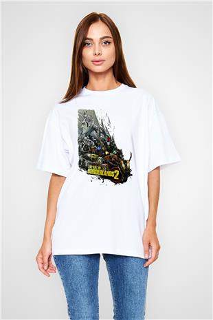 Borderlands Baskılı Beyaz Unisex Oversize Tişört - Tshirt