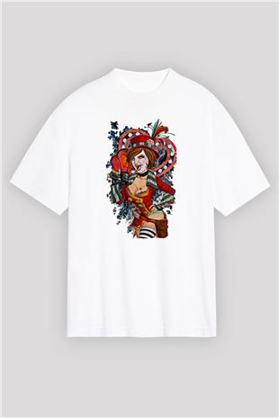 Borderlands Baskılı Beyaz Unisex Oversize Tişört - Tshirt